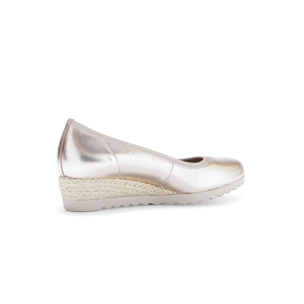 Gabor Epworth Ladies Gold Leather Slip-On Shoes with wedge espadrille sole, stylish and comfortable footwear for women.