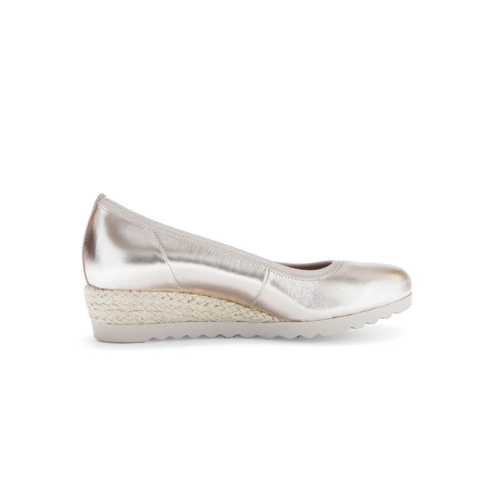 Gabor Epworth Ladies Gold Leather Slip-On Shoes with wedge heel and espadrille-style sole.