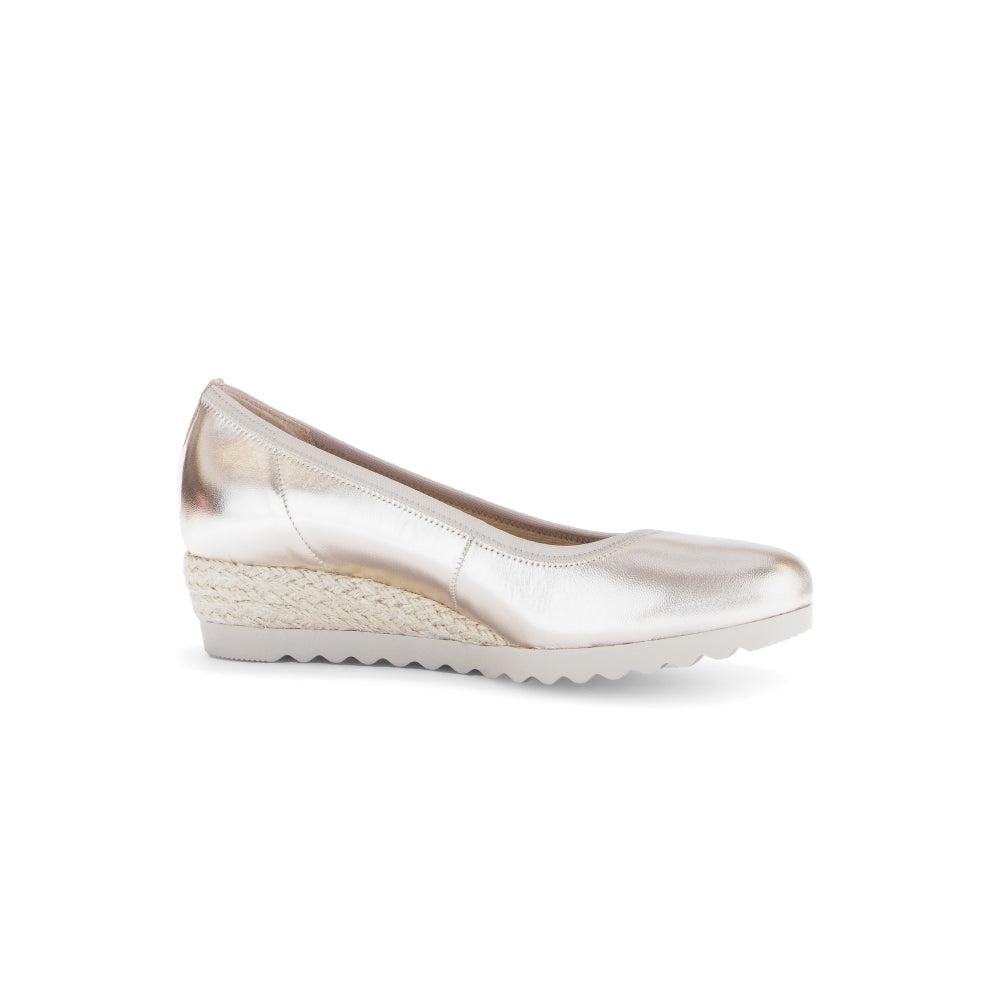 Gabor Epworth Ladies Gold Leather Slip-On Shoes with wedge heel and espadrille detail.