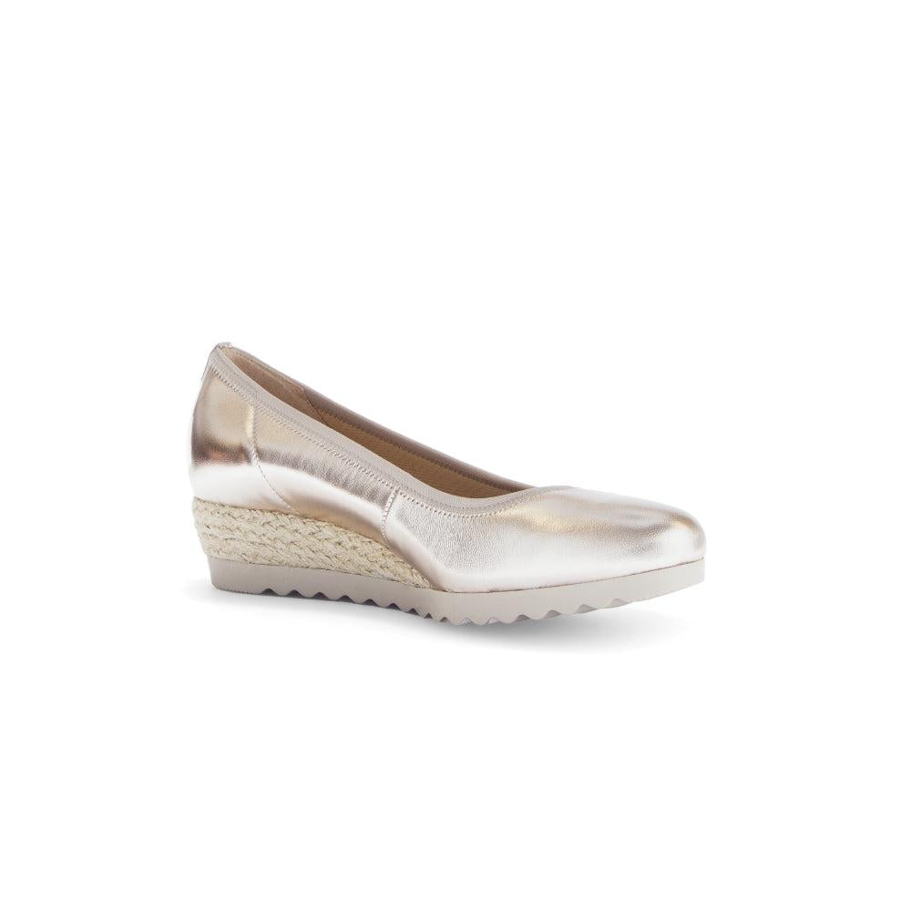 Gabor Epworth Ladies Gold Leather Slip-On Shoes with wedge heel and espadrille detail.