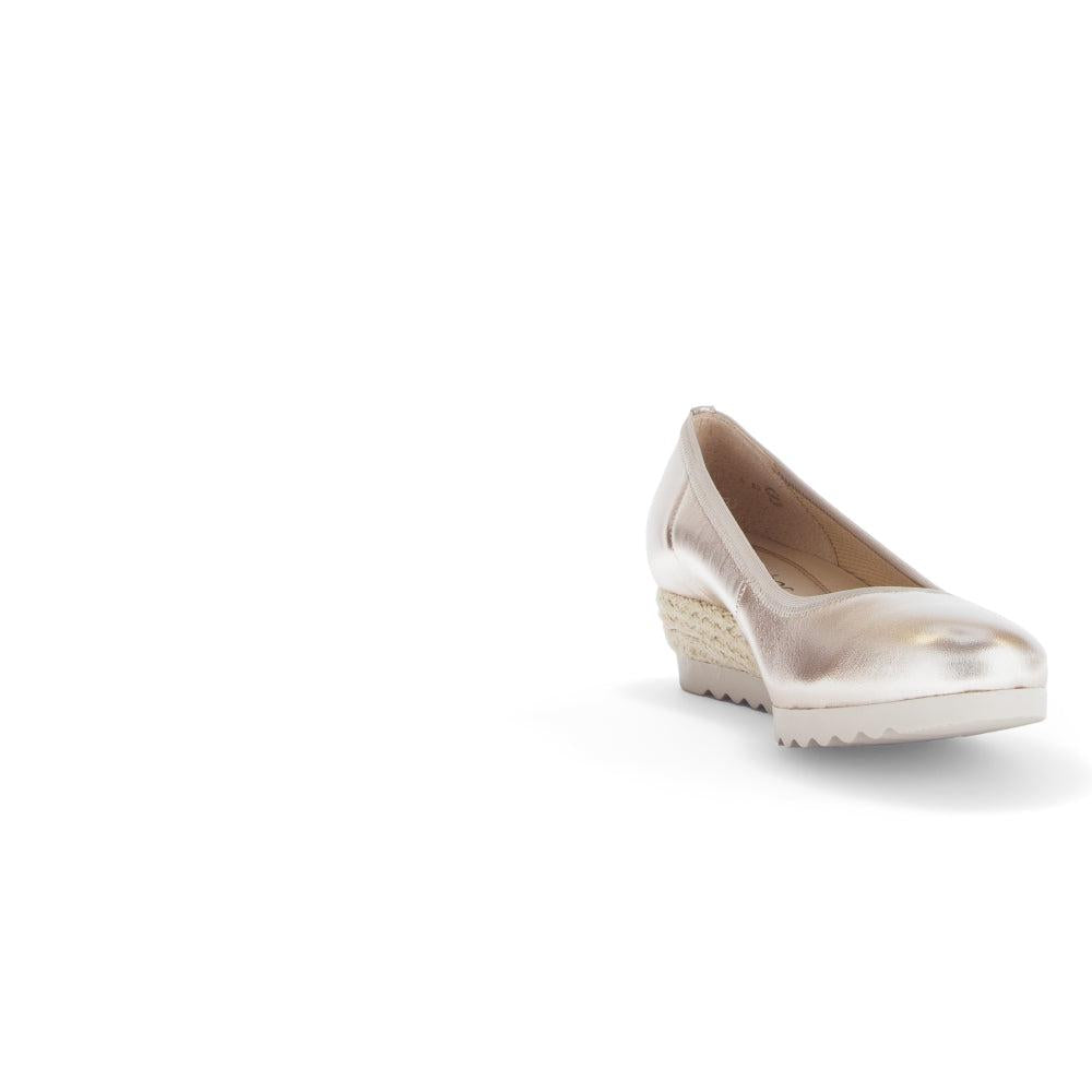 Gabor Epworth Ladies Gold Leather Slip-On Shoes with wedge heel and textured sole.