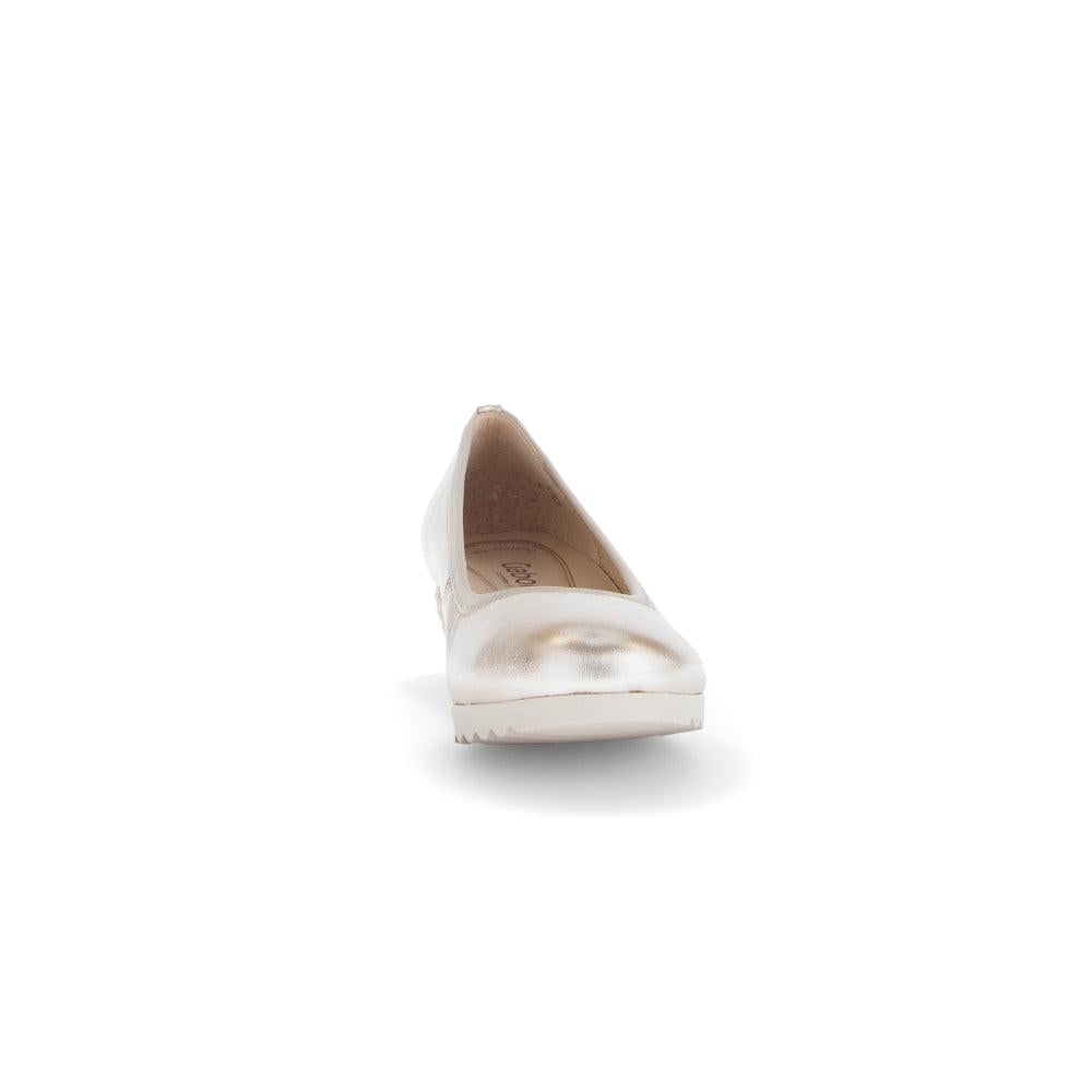 Gabor Epworth Ladies Gold Leather Slip-On Shoes, stylish women's flat footwear with a metallic finish and comfortable design.