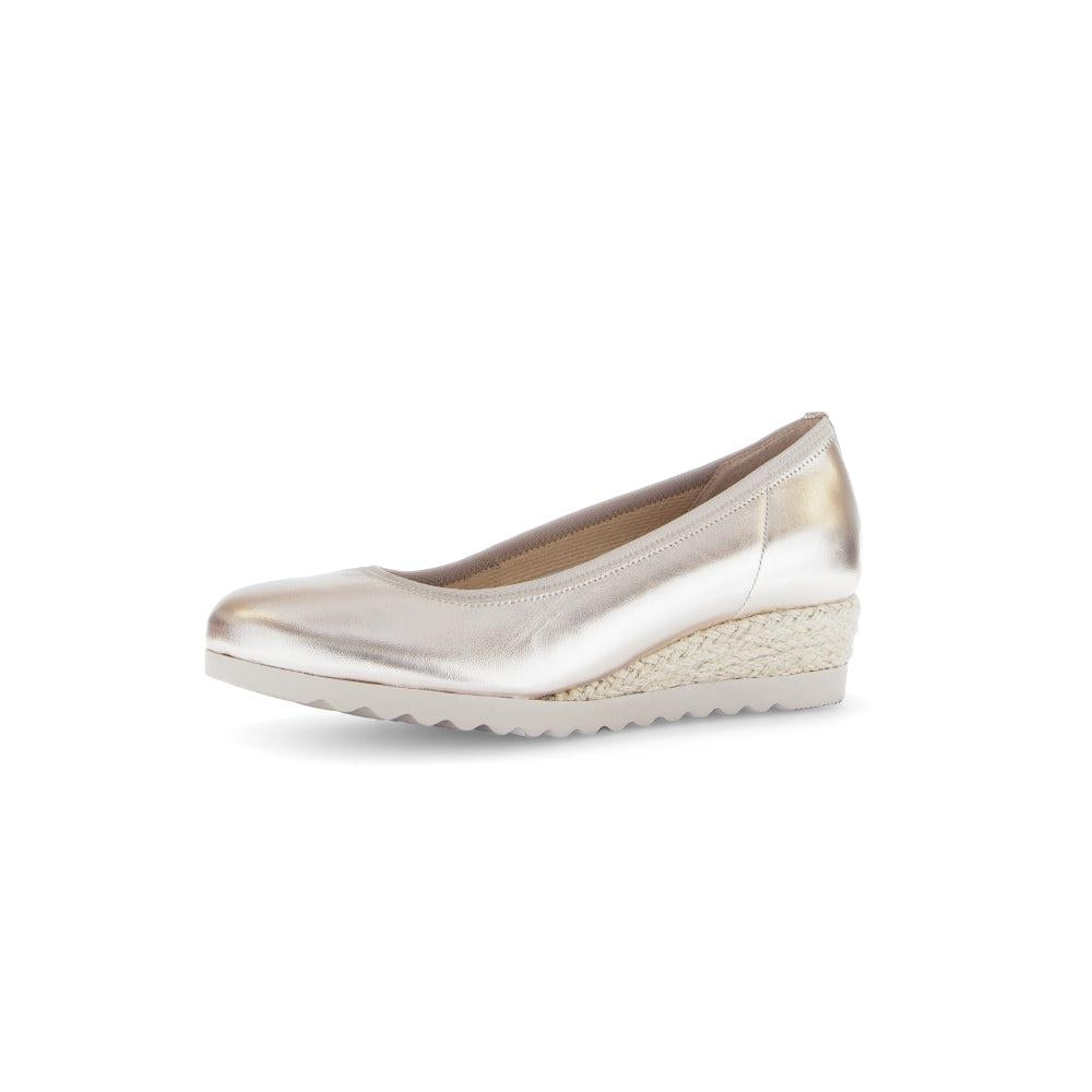 Gabor Epworth Ladies' Gold Leather Slip-On Shoes with wedge heel and textured outsole.