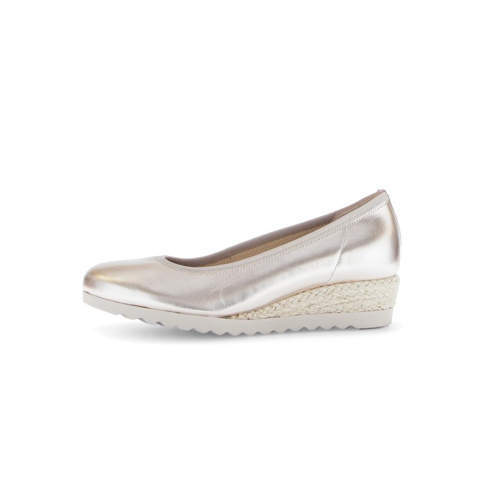 Gabor Epworth Ladies Gold Leather Slip-On Shoes with wedge heel and espadrille-style sole.