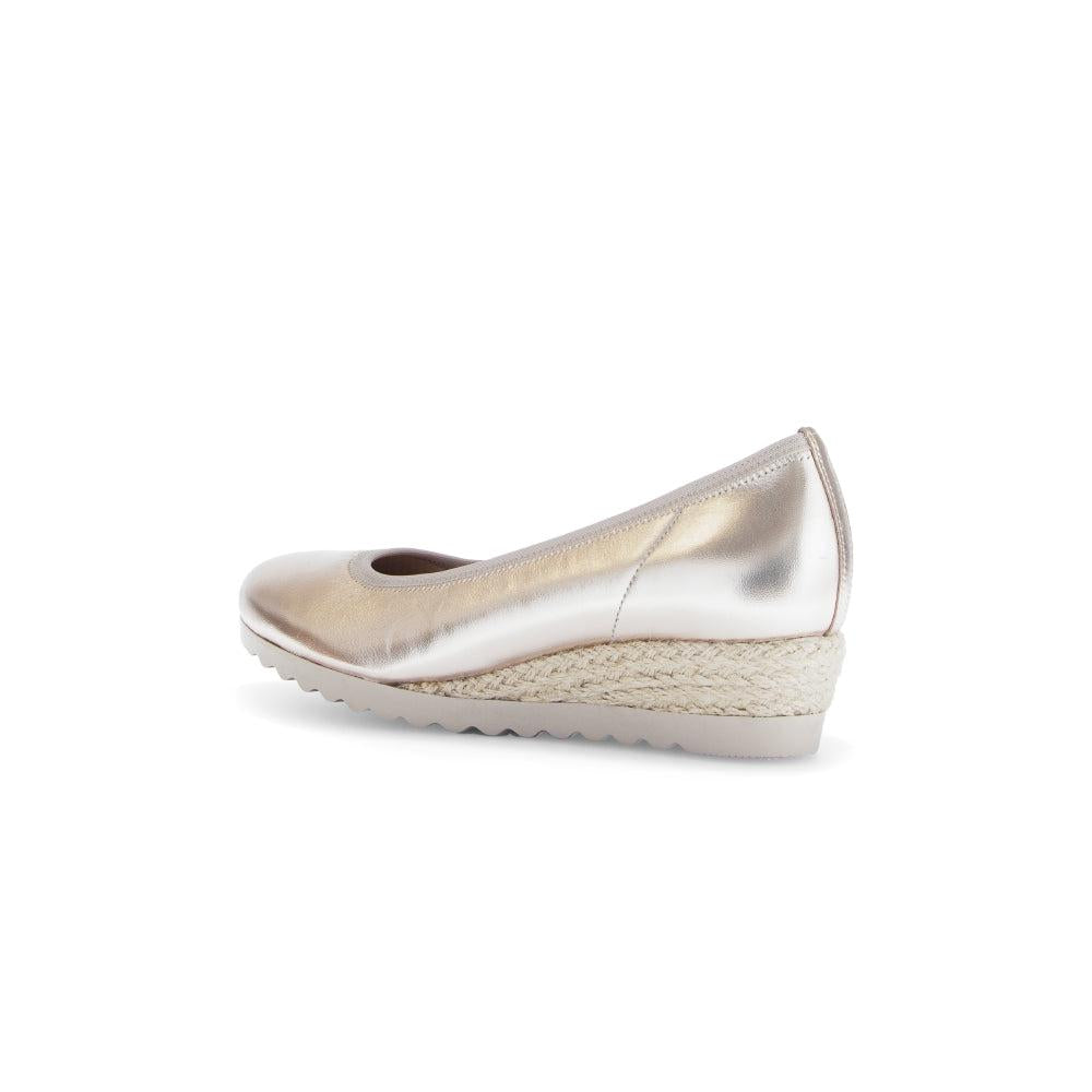 Gabor Epworth Ladies Gold Leather Slip-On Shoes with Espadrille Wedge Heel