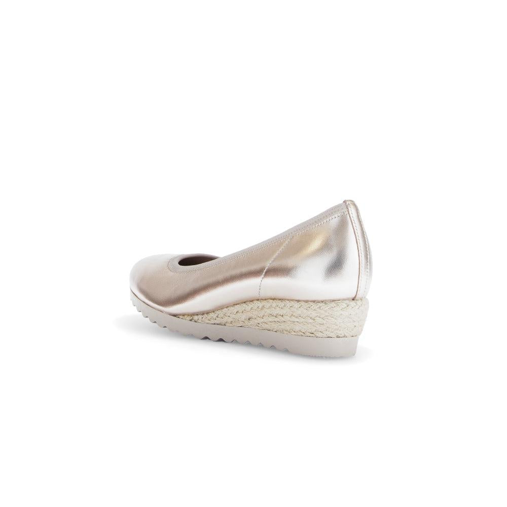 Gabor Epworth Ladies' Gold Leather Slip-On Shoes with wedge heel and espadrille-style sole.
