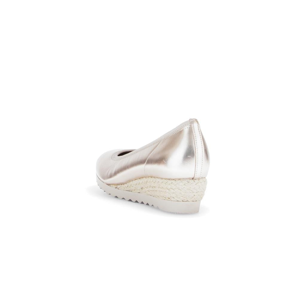 Gabor Epworth Ladies Gold Leather Slip-On Shoes with espadrille wedge heel, cushioned sole, and elegant metallic finish.