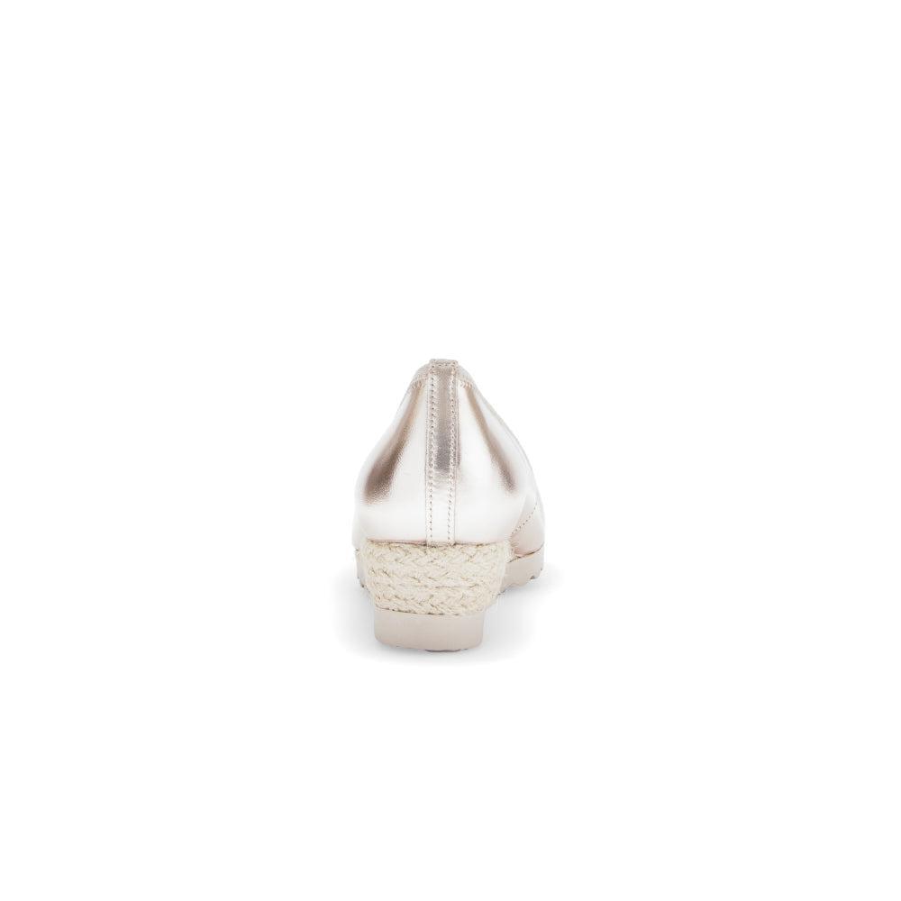 Gabor Epworth Ladies Gold Leather Slip-On Shoes with woven heel, back view.