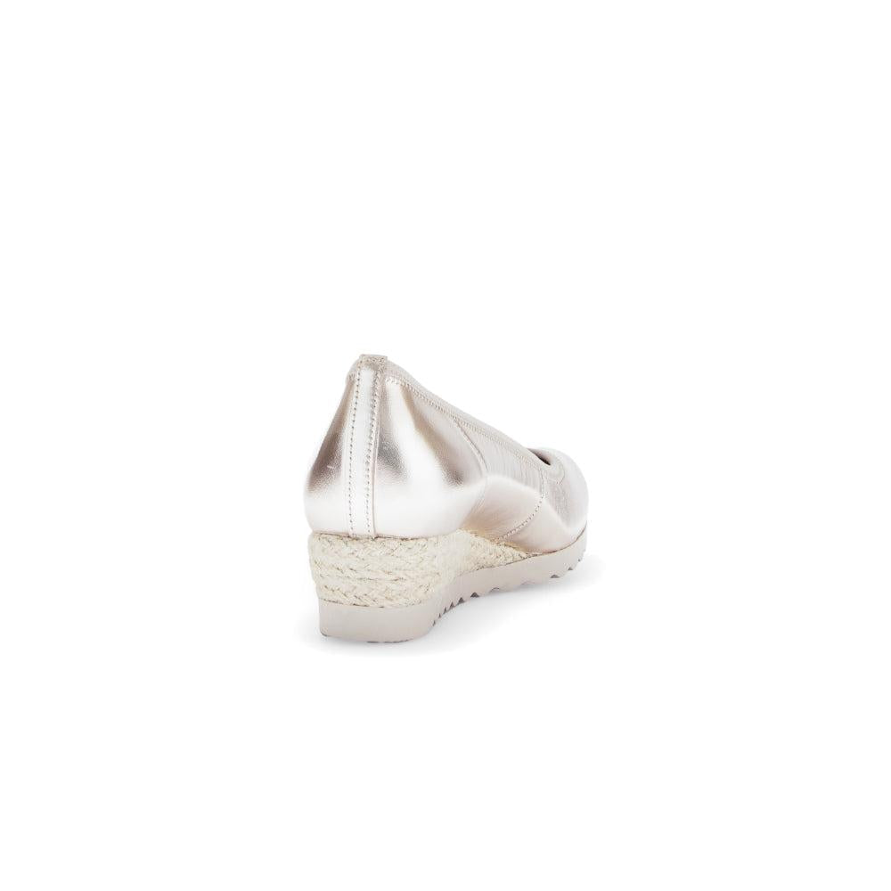 Gabor Epworth Ladies Gold Leather Slip-On Shoes with wedge heel and espadrille-style sole.