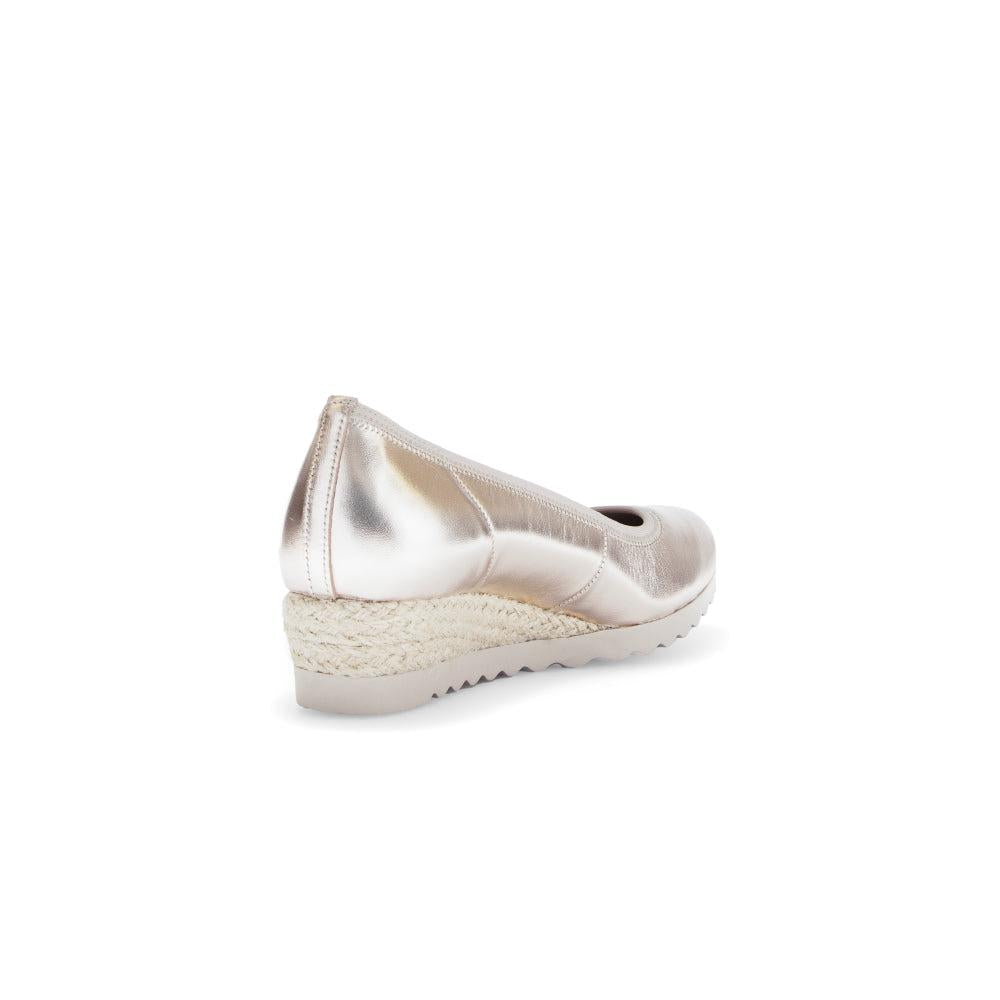 Gabor Epworth Ladies Gold Leather Slip-On Shoes with wedge heel and espadrille sole.