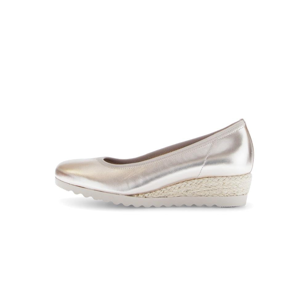 Gabor Epworth Ladies' Gold Leather Slip-On Shoes with wedge heel and textured sole.