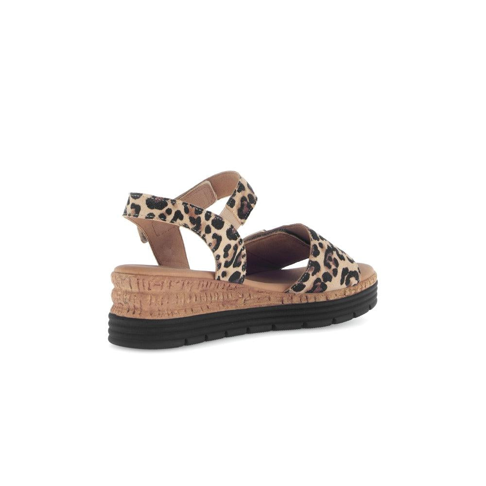 Gabor Ladies Animal Print Leather Touch Fastening Sandals with wedge heel and leopard pattern straps.
