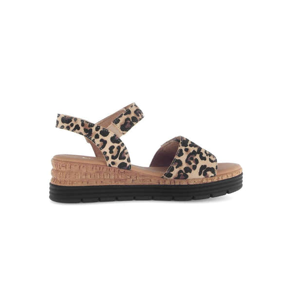 Gabor women's animal print leather touch fastening sandals with cork platform and black rubber sole.