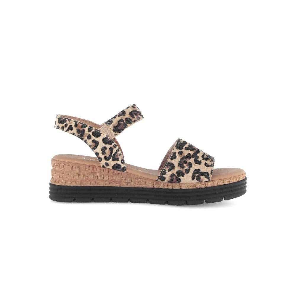 Gabor women's animal print leather touch fastening sandals with cork and black rubber sole.