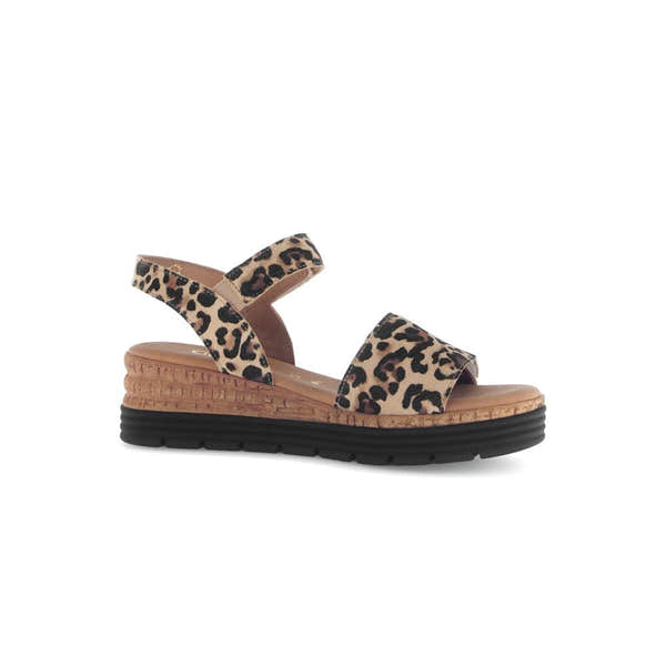 Gabor Ladies Animal Print Leather Touch Fastening Sandals with wedge sole and leopard pattern.