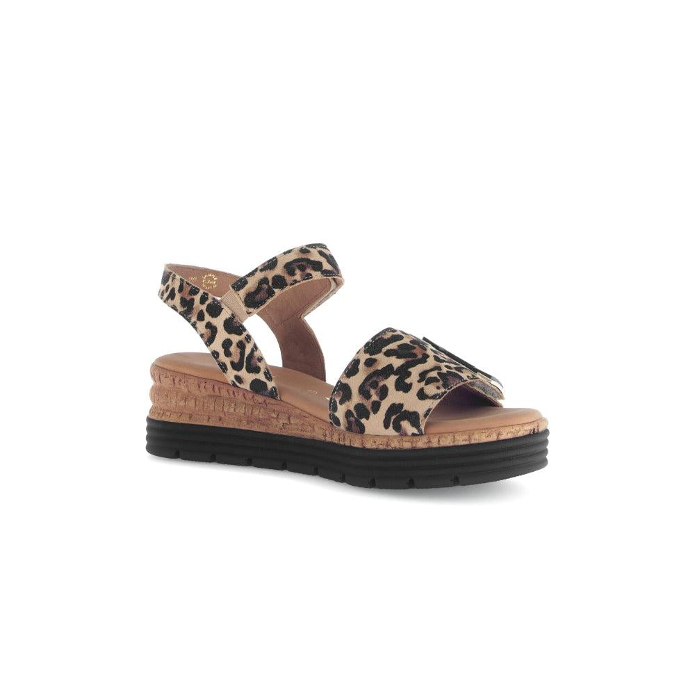 Gabor ladies' animal print leather touch fastening sandals with wedge heel and platform sole.