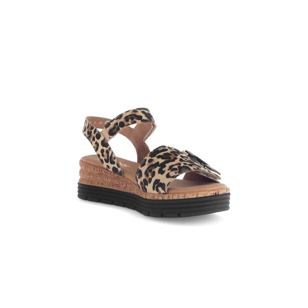 Gabor ladies' animal print leather touch fastening sandals with platform sole and adjustable straps.