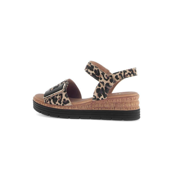 Gabor Ladies Animal Print Leather Touch Fastening Sandals with Buckle, open toe and cushioned sole.