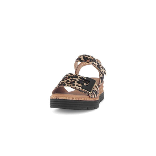 Gabor Ladies Animal Print Leather Touch Fastening Sandals with chunky black sole and adjustable straps.