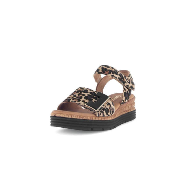Gabor Ladies Animal Print Leather Touch Fastening Sandals with platform sole and stylish leopard pattern.