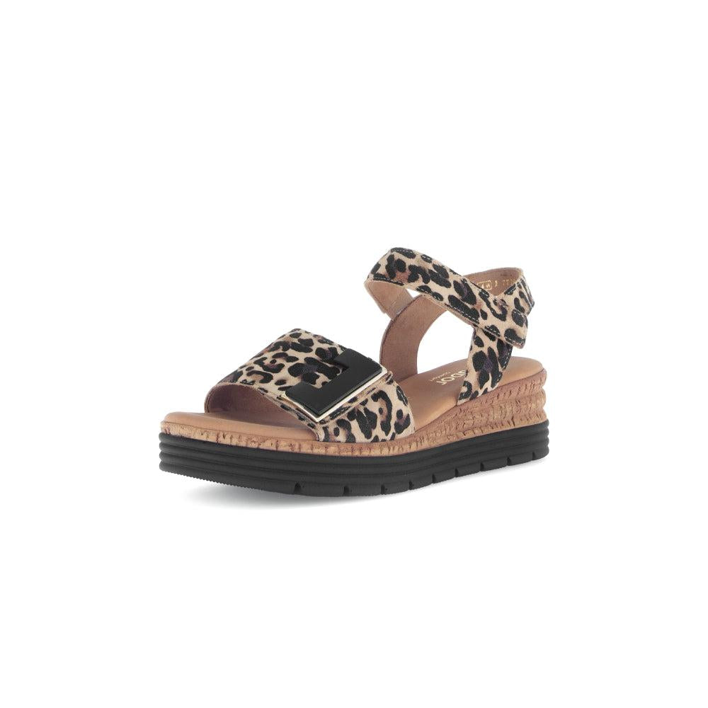 Gabor women's animal print leather touch fastening sandals with chunky sole and leopard pattern.