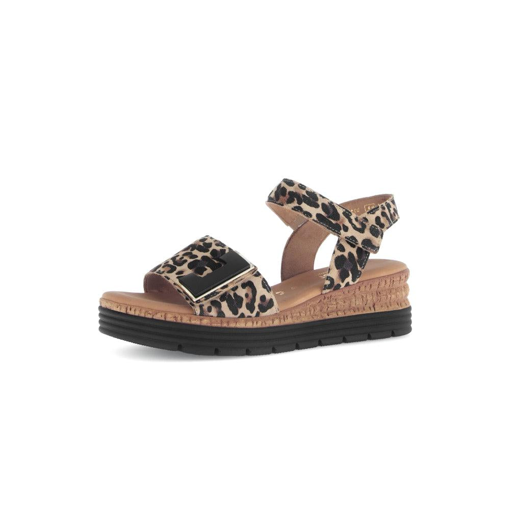 Gabor ladies' animal print leather touch fastening sandals with thick sole and leopard design straps.