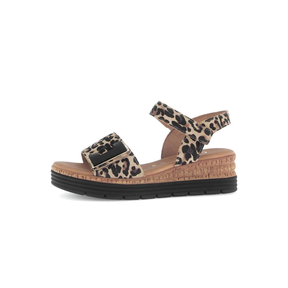 Gabor women's animal print leather touch fastening sandals with platform sole and buckle detail.