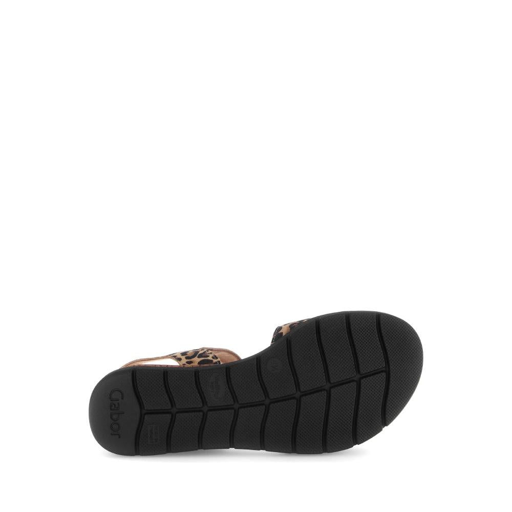 Gabor Ladies Animal Print Leather Touch Fastening Sandals with cushioned sole and black rubber outsole.