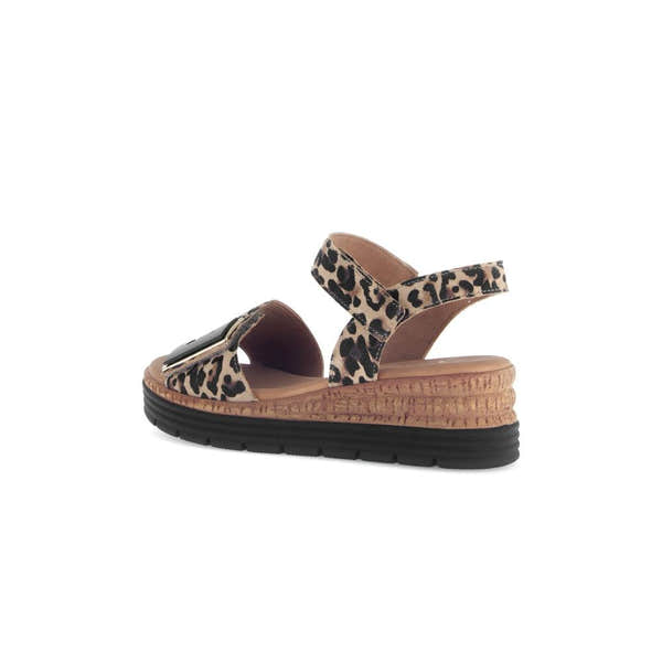 Gabor Ladies Animal Print Leather Touch Fastening Sandals with chunky sole and leopard pattern straps.