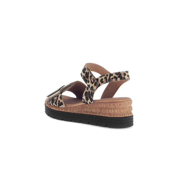 Gabor Ladies Animal Print Leather Touch Fastening Sandals with wedge sole and leopard pattern straps.