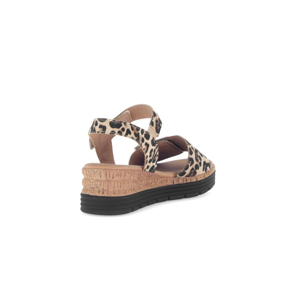 Gabor women's animal print leather touch fastening sandals with cork platform and black sole.
