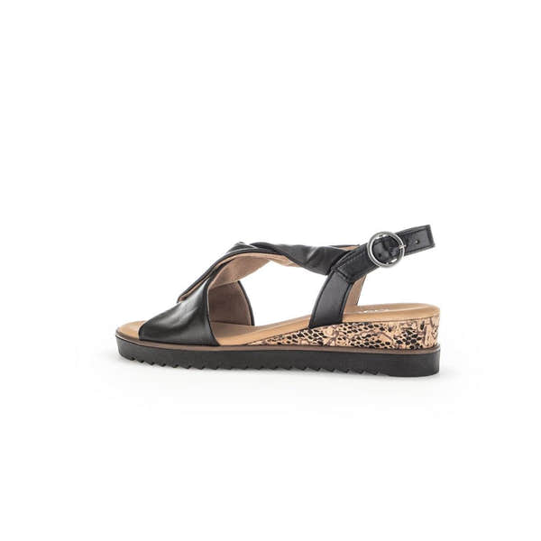 Gabor Rich Ladies Black Leather Buckle Sandals with wedge heel and animal print sole detail.
