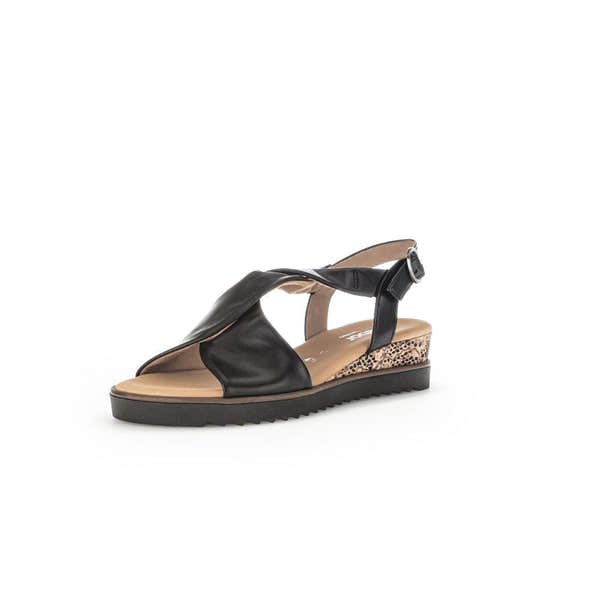 Gabor women's black leather buckle strap sandals with leopard print wedge heel and platform.