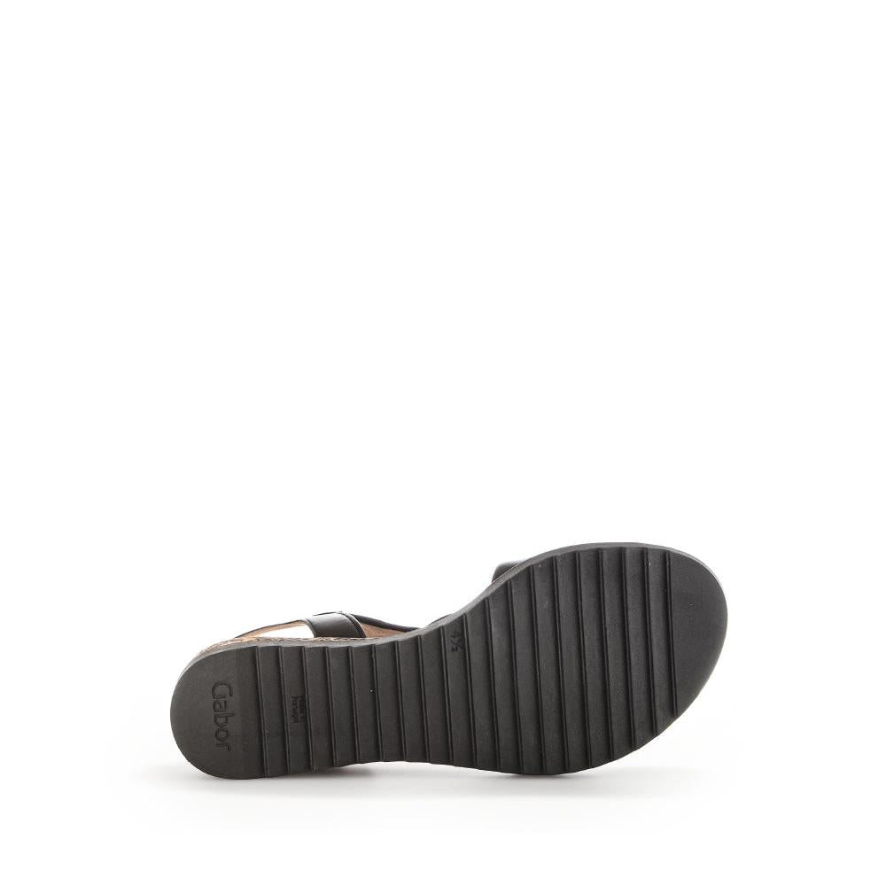 Gabor women's black leather buckle sandals with textured sole and low heel, model 62.751.27, stylish and comfortable footwear.