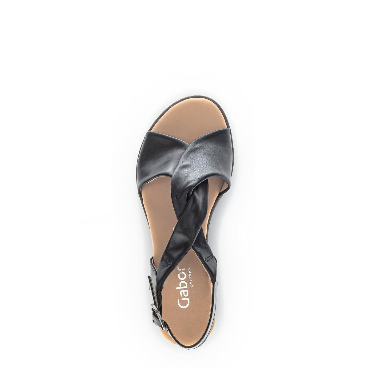 Gabor women's black leather buckle sandals with crisscross strap and beige footbed, stylish and comfortable summer footwear.