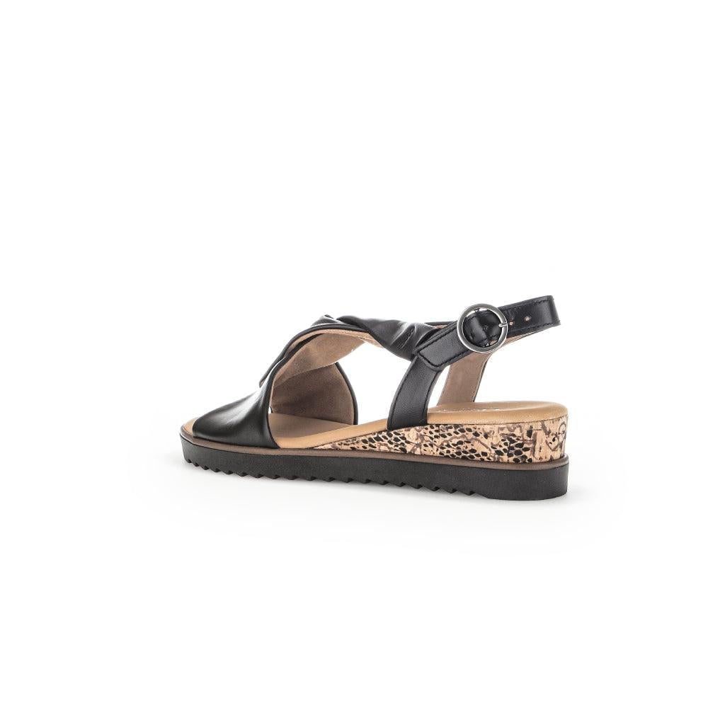 Gabor 62.751.27 black leather buckle slide sandals with leopard print wedge heel for women.