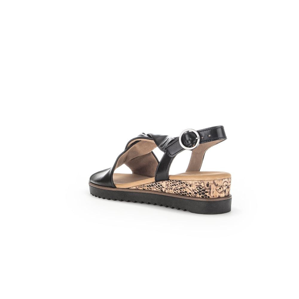 Gabor 62.751.27 black leather buckle sandals with leopard-print wedge heel and adjustable ankle strap.