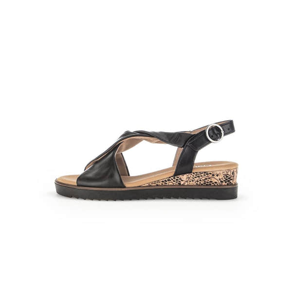 Gabor black leather buckle slingback wedge sandals with leopard-print accent, open toe, and adjustable ankle strap.