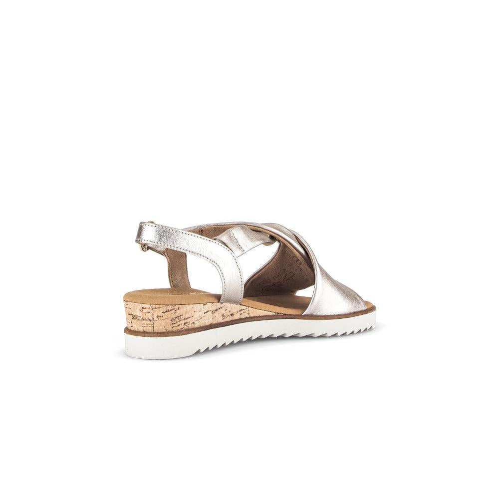 Gabor 62.751.82 beige leather buckle sandals for women with cork wedge heel and white rubber sole.