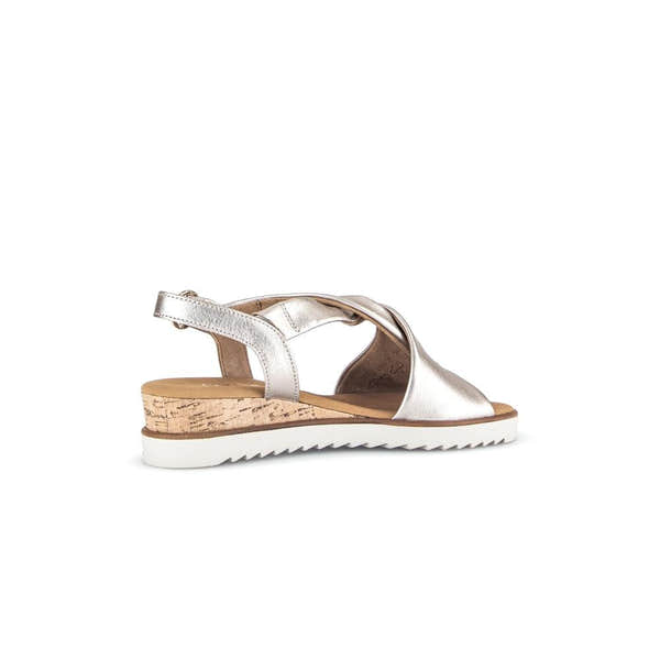 Gabor beige leather buckle sandals for women with cork heel and white sole, stylish open-toe summer footwear.