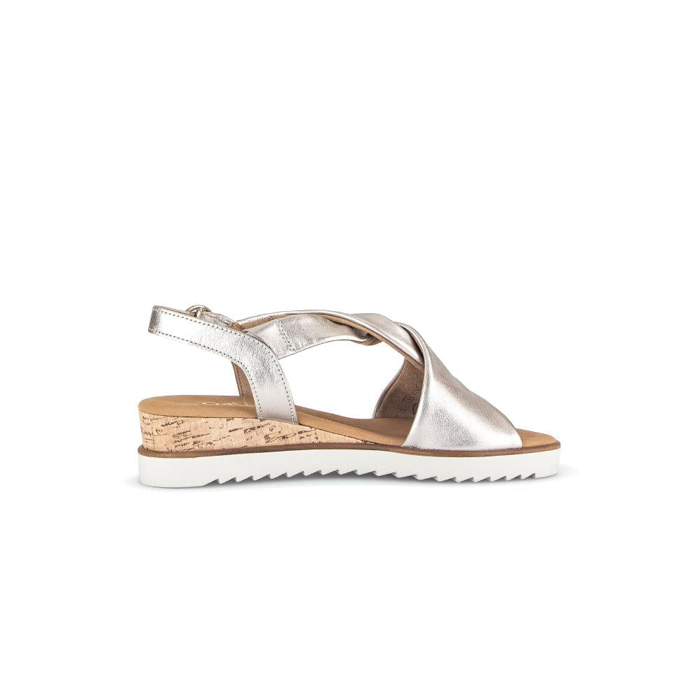 Gabor women's beige leather buckle sandals with cork heel and white sole, stylish and comfortable summer footwear.