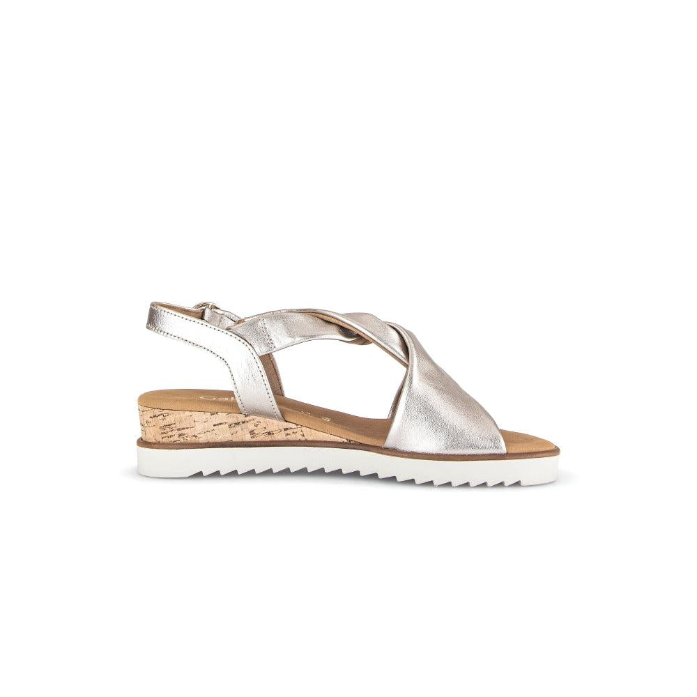 Gabor Ladies Beige Leather Buckle Sandals with cork heel and white rubber sole.