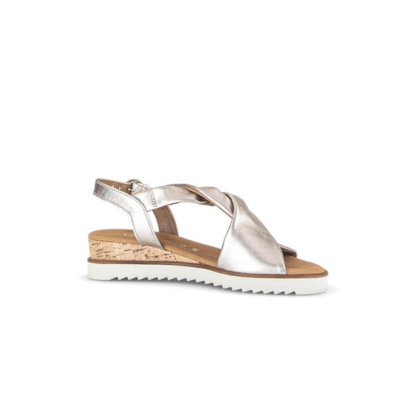 Gabor beige leather wedge sandals with buckle detail, cork heel, and white rubber sole for women.