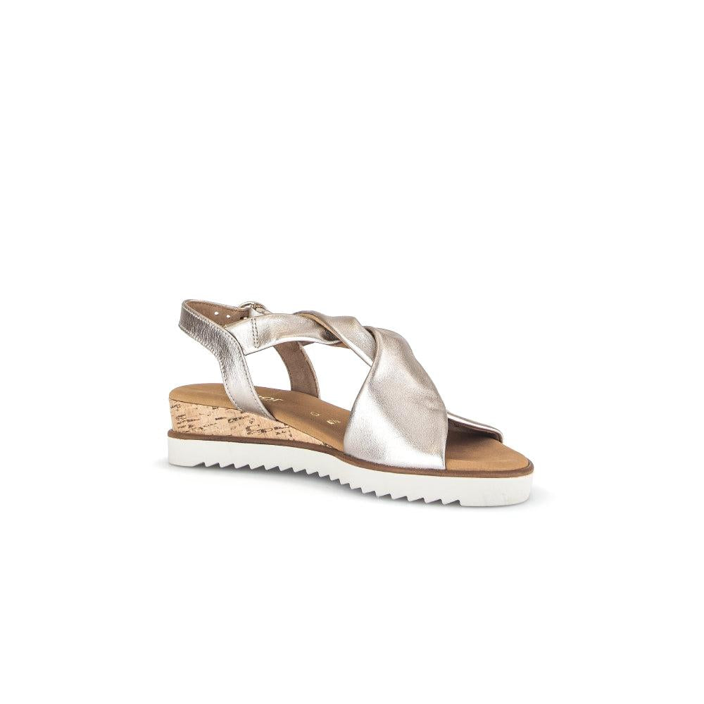 Gabor Women's Beige Leather Buckle Sandals with cork wedge sole and side strap detail.
