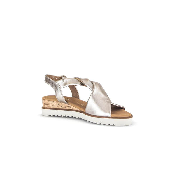 Gabor Women's Beige Leather Buckle Sandals with cork wedge sole and side strap detail.