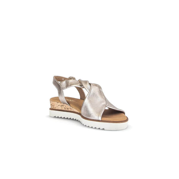 Gabor women's beige leather buckle sandals with cork wedge heel and white sole.