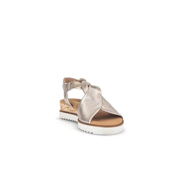 Gabor 62.751.82 beige leather buckle sandal for women, with a cork heel, slip-on design, padded insole, and white rubber sole.