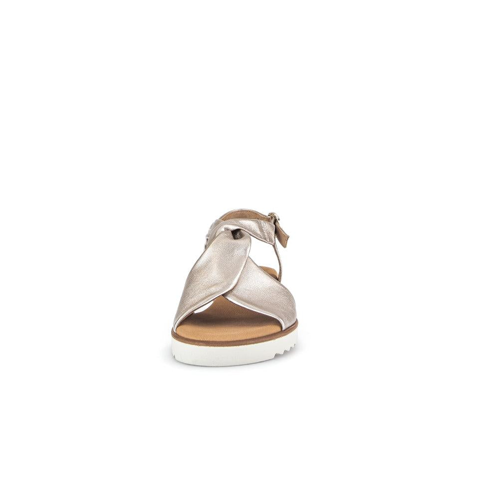 Gabor women's beige leather buckle sandal with open toe, chunky sole, and metallic finish.