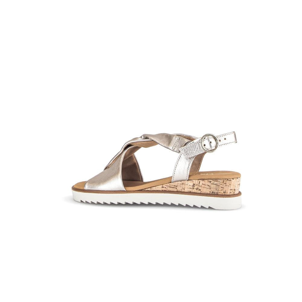 Gabor 62.751.82 beige leather buckle sandals for women with cork heel and white rubber sole.
