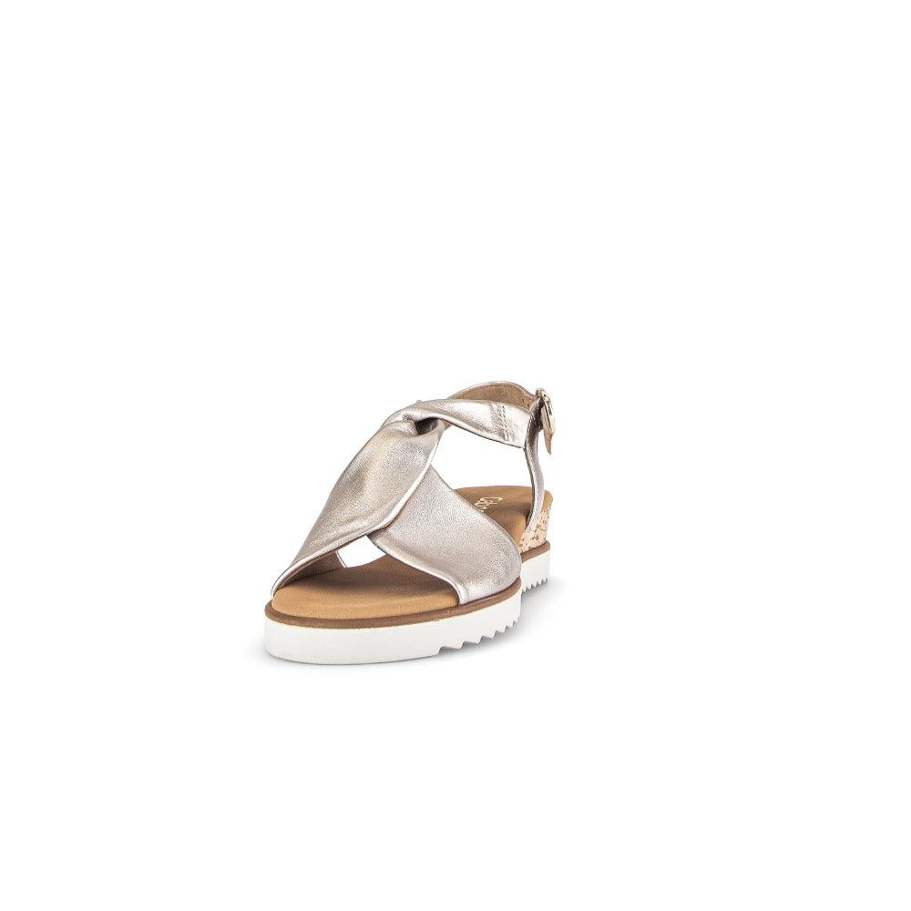 Gabor beige leather buckle sandals for women with metallic finish and white sole.